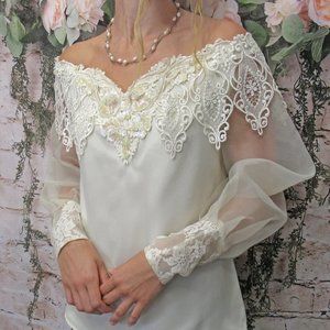Vintage McClintock Gunne Sax Ivory Sheer Off Shoulder Blouse 10